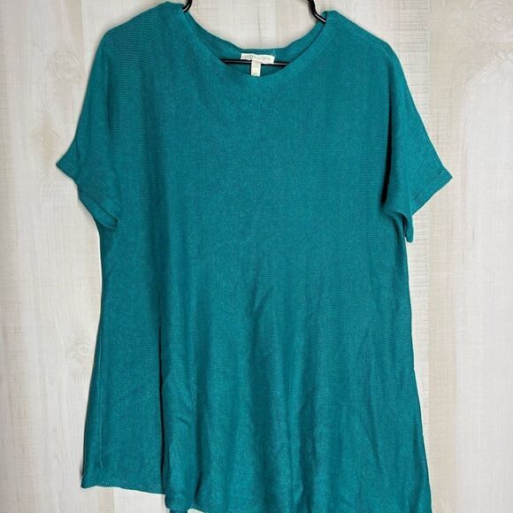 Eileen Fisher linen turquoise short sleeve‎ tunic top, size small - Picture 3 of 16